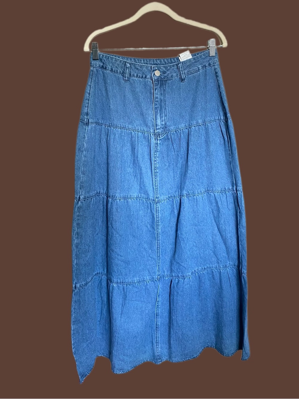Washed Blue Denim Tiered Maxi Skirt